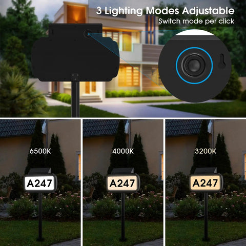 Solar Address Sign With LED Illuminated House Numbers showing three adjustable lighting modes for night visibility.