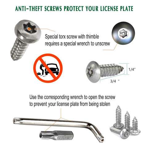 Anti Theft License Plate Screws Set In Rust Proof Stainless Steel With Tamper Resistant Locking Heads For Front Or Rear Plates M6 Self Tapping Bolts Chrome Caps And Nuts Included One Quarter Inch Drive diagram with screws and wrench tool.