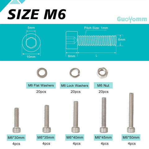 M6 Stainless Steel 304 Hex Socket Head Cap Screw And Bolt Assortment With Nuts And Lock Washers Heavy Duty Metric Allen Drive Hardware Set, sizes 30-50mm, shown with washers.