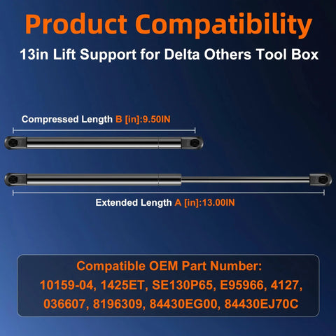 Straight Up Heavy Duty Gas Strut For Pickup Truck Bed And Toolbox, 13 Inch Extension With 60 Pound Lift Force, showing dimensions and compatibility.