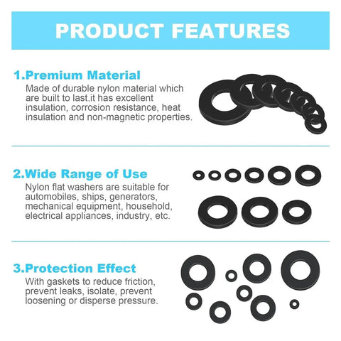 Nylon Flat Washers Set 1200 Pcs Insulation Anti Corrosion Black M2 To M12 Engineering Plastic Washers Standard Parts Repair Kit For Electronics Circuit Boards And General Hardware Projects, black nylon washers sizes shown