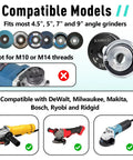 5/8-11 Angle Grinder Flange Nut Set compatibility chart with images of compatible and incompatible angle grinders.
