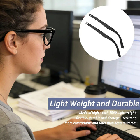 Killer TR90 Replacement Temples For Thick And Slim Frames, Durable Flexible Eyeglass Legs on a user at a desk.