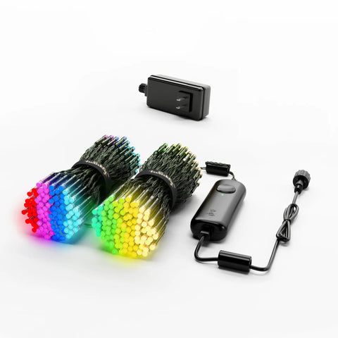 App Controlled 105 Foot Smart String LED Lights With 400 RGB White LEDs, WiFi And Bluetooth Connectivity, Music Sync, Indoor And Outdoor IP44 Rated, Works With Google Assistant And Amazon Alexa, rolled up cords with adapter and control module