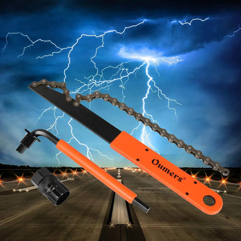 Bike Cassette Removal Tool Kit With Chain Whip And Auxiliary Wrench For Sprockets Freewheel Remover And Lock Ring Extractor displayed on a dramatic lightning background