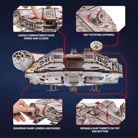 Millennium Falcon 3D Wooden Puzzle Kit With Lit LED Hyperdrive Glow DIY Mechanical Model 3D Brain Teaser For Adults Realistic Interior And Exterior Boarding Ramp And Cargo Bay Rotating Turrets 360 Degree Radar Antenna Wood Model Building, 1:75 scale