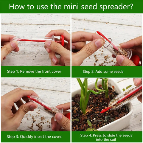 Mini Seed Spreader Kit For Easy Garden Sowing, 17 Piece Handheld Seed Dispenser Set usage steps with soil and seeds