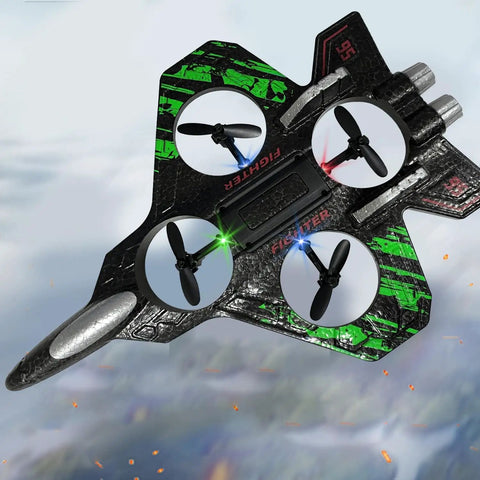 Kids And Beginners Friendly Remote Control Airplane With 2.4GHz Radio in flight, black and green EPP foam, LED lights visible.