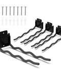 4 Pack Heavy Duty 12 Inch Long Wave Wall Mount Hooks For Ladders Shovels Chairs And Garden Tools Steel Garage Organizer With 60 Lb Capacity Black Matte Finish showing hooks and screws