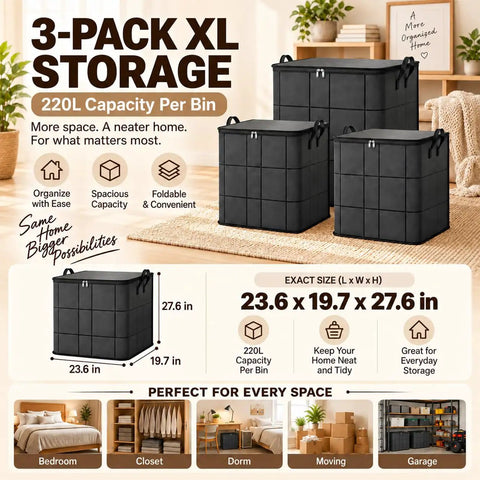 Heavy Duty Moving Storage Bins That Make Dealing With Clutter A Snap Featuring Sturdy Handles Secure Zipper And Quick Fold Layout For Bulky Coats And All Your Seasonal Stash, three large black storage bins, 220L each, 23.6x19.7x27.6 in.