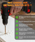 Image of a power drill using the 50 Piece Set Of 1/8 Inch Spiral Drywall Router Bits With Left Hand Rotation For Rapid Dust Control And Precision Tracking.