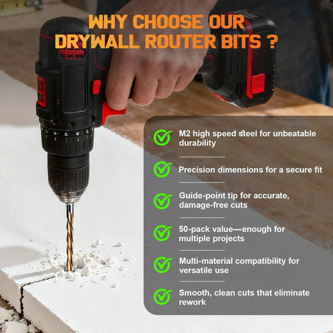 Image of a power drill using the 50 Piece Set Of 1/8 Inch Spiral Drywall Router Bits With Left Hand Rotation For Rapid Dust Control And Precision Tracking.