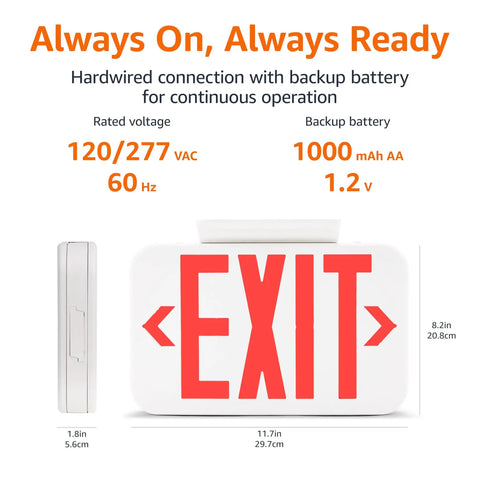 LED Emergency Exit Sign Double Face With Battery Backup And Fire Resistant UL Certified Hardwired 120/277VAC White Side View