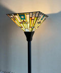 Top view of 70 Inch Tiffany Torchiere Floor Lamp With Antique Mission Style Stained Glass Shade, amber cream glass, dark bronze base.