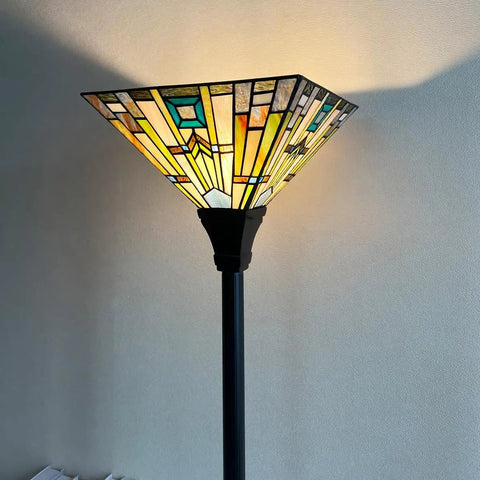 Top view of 70 Inch Tiffany Torchiere Floor Lamp With Antique Mission Style Stained Glass Shade, amber cream glass, dark bronze base.