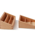 Big Beechwood Three Part Box For Montessori Language Cards, solid wood with three compartments, shown in angled view.