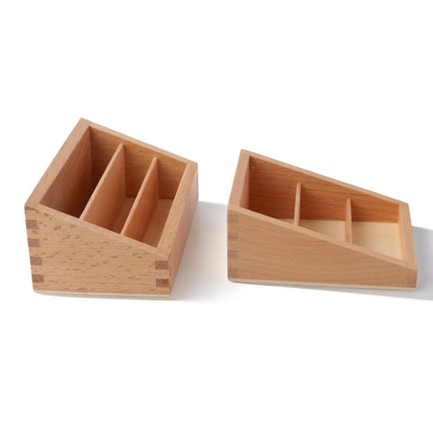 Big Beechwood Three Part Box For Montessori Language Cards, solid wood with three compartments, shown in angled view.