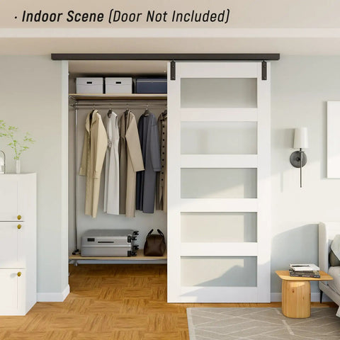 Indoor scene showcasing 8Ft Ceiling Mount Box Rail Barn Door Hardware Kit With Heavy Duty Aluminum Sliding Track And Matte Black Finish.
