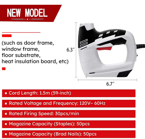 4 In 1 Electric Staple And Brad Nailer Gun, 120V Power Hand Stapler With 1200 Staples And Nails, dimensions and features displayed