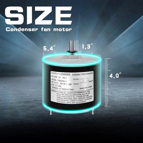 Condenser Fan Motor Replacement for AC Condensers One Tenth Horsepower 1100 RPM 208-230V with size dimensions displayed