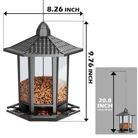 Two Pack Outdoor Hanging Bird Feeders With Retro Pagoda Design, Easy One Minute Assembly, black feeder with dimensions