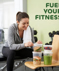 Woman in gym with 48 Piece Deli Container Set With Lids, 16oz And 32oz Options, Leakproof Airtight Lids, filled with food.