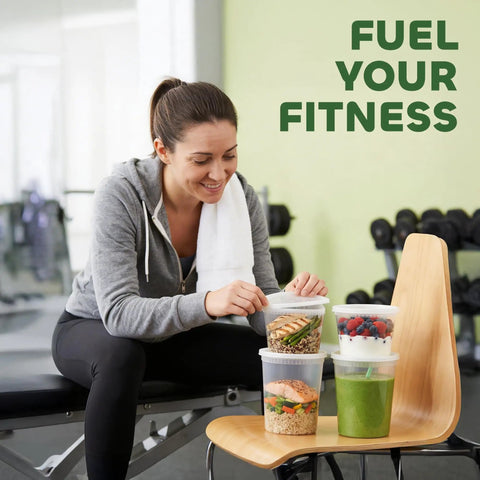 Woman in gym with 48 Piece Deli Container Set With Lids, 16oz And 32oz Options, Leakproof Airtight Lids, filled with food.