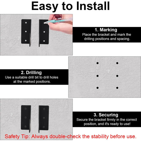Installation guide for Tough and Reliable 2-Piece Jack Stand Wall Mount Kit showing marking, drilling, and securing steps on wall.