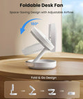 Foldable Desk Fan With LED Night Light 6.8 Inch Wireless Portable Fan on wooden table showing 180-degree adjustable airflow feature