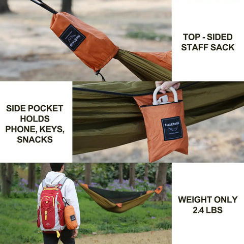 Ultralight Camping Hammock With Integrated Mosquito Net And Tree Straps in olive green and orange with storage pockets