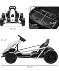 Side and front view of 24V Electric Go Kart For Kids, Drift Ready Battery Powered Ride On Toy, with seat and safety belt measurements in white.