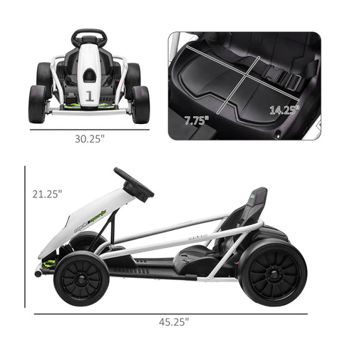 Side and front view of 24V Electric Go Kart For Kids, Drift Ready Battery Powered Ride On Toy, with seat and safety belt measurements in white.