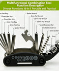 On The Go 16 In 1 Portable Bike Repair Tool Kit with hex wrench, screwdriver, spoke wrench, and socket extensions.