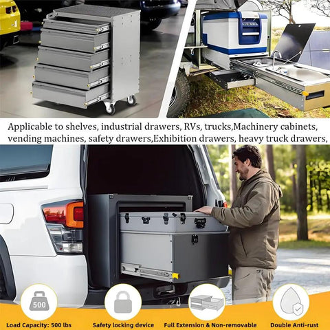 Beefy Heavy Duty Drawer Slides 500lb Capacity With 3 Fold Ball Bearing Rails Full Extension Side Mount 54 Inch Length shown in use
