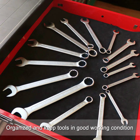 Tool Box And Drawer Liner 16 Inch Wide By 6 Feet Long Non Slip EVA Mat Cushioned Tool Protection Black Easy Clean Durable For Secure Tool Organization with wrenches on black liner inside a tool drawer