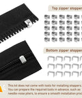 Number Five Zipper Sliders Repair Kit With 12 Sliders, 30 Top Stops And 15 Bottom Stops, showing stopper pieces and zipper view.