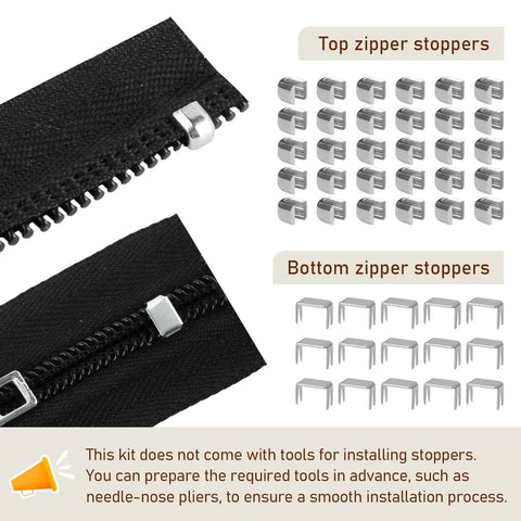 Number Five Zipper Sliders Repair Kit With 12 Sliders, 30 Top Stops And 15 Bottom Stops, showing stopper pieces and zipper view.