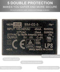 5V output information and protection features of Straight Up Rock Solid 5V AC DC Power Supply 2W Single Output PCB Mount.
