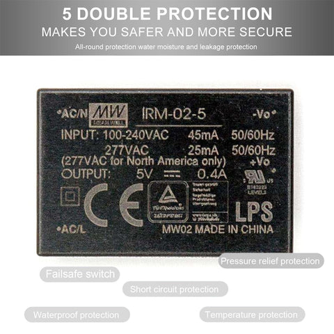 5V output information and protection features of Straight Up Rock Solid 5V AC DC Power Supply 2W Single Output PCB Mount.