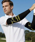 Cool Sun Protection Compression Arm Sleeves With Check Engine Light Graphic Breathable Ice Silk Fabric Unisex Athletic Guards For Cycling Golf Ride And Summer Hustle Large Flex Style worn by a man swinging a golf club.