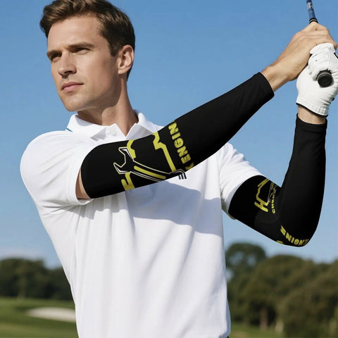 Cool Sun Protection Compression Arm Sleeves With Check Engine Light Graphic Breathable Ice Silk Fabric Unisex Athletic Guards For Cycling Golf Ride And Summer Hustle Large Flex Style worn by a man swinging a golf club.