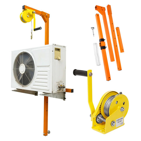 Heavy Duty Air Conditioner Lift Crane With Bulletproof Stainless Frame And Smooth 50 Ft Cable Plus Reliable Hand Winch For No Sweat Mini Split Heat Pump Roof Mounting Jobs