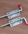 Spring Pin Latch Lock 2pcs for Utility Trailer Gate, Silver showing spring-loaded design and red end caps.