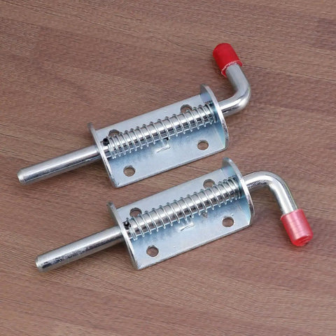 Spring Pin Latch Lock 2pcs for Utility Trailer Gate, Silver showing spring-loaded design and red end caps.