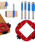 Aluminum 4 In 1 Rounded Corner Router Template Kit With Edge Guide Radius Template And Four Milling Bits For Woodworking DIY Projects Must Have For Simple Clamp On Design That Delivers Smooth Curves And Professional Level Results displayed with red templates and blue bits.