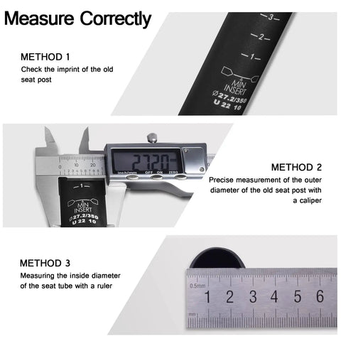 Methods to measure for Heavy Duty Mountain Bike Seat Post 27.2mm 30.9mm 31.6mm, using calipers and rulers.