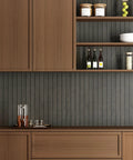 Grey Peel And Stick Wood Wall Panels 3D PVC Wood Slat Wallpaper Renter Friendly 12X197 installed behind modern kitchen cabinetry.