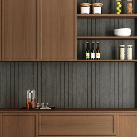 Grey Peel And Stick Wood Wall Panels 3D PVC Wood Slat Wallpaper Renter Friendly 12X197 installed behind modern kitchen cabinetry.