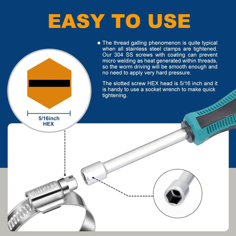 Non-Slip Worm Gear Hose Clamps For Automotive And Garden Use Adjustable Stainless Steel Fits One Half To Three Quarter Inch Hoses Welded Bottom For Sixty Percent More Torque Non-Perforated Band For Safe Sealing SAE J1508 Compliant 25 Pack By Steelsoft with 5/16 inch HEX screw driver.