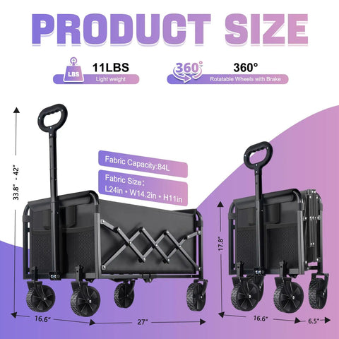 Heavy Duty Folding Wagon Cart With 360 Degree Wheels All Terrain Carrier 100Kg Capacity shown in unfolded and folded views